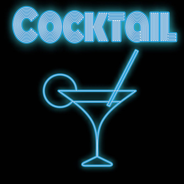 schöne abstrakte neonleuchtend blau leuchtende Ikone aus Martini-Glas, Margarita-Cocktail mit Stroh und Zitrone für ein Barschild auf schwarzem Hintergrund und die Inschrift Cocktail. Vektorillustration - Vektor, Bild