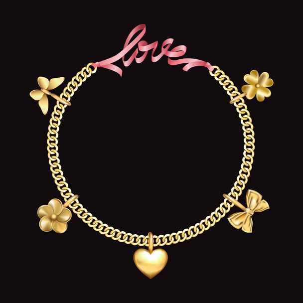 Love fashion print with gold chain, pendants and pink ribbon. Velentines and wedding romantic pattern and frame with lettering for textile and tshirt prints, greeting cards with text place. - Vektör, Görsel