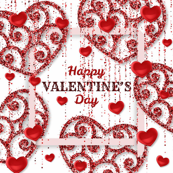 Happy Valentine Day background with shiny and glossy hearts. Red pink glitter and confetti. Greeting card and Love template - Vetor, Imagem