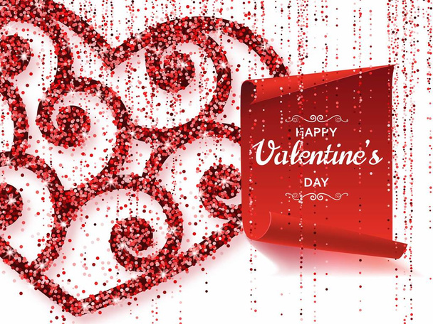 Joyeux fond Saint-Valentin avec des cœurs brillants et brillants. Paillettes roses rouges et confettis. Carte de voeux et modèle Amour
 - Vecteur, image