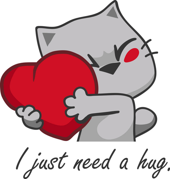Εικονογράφηση διάνυσμα με το γατάκι που αγκαλιάζουν καρδιά, χρειάζομαι ακριβώς μια αγκαλιά - Διάνυσμα, εικόνα