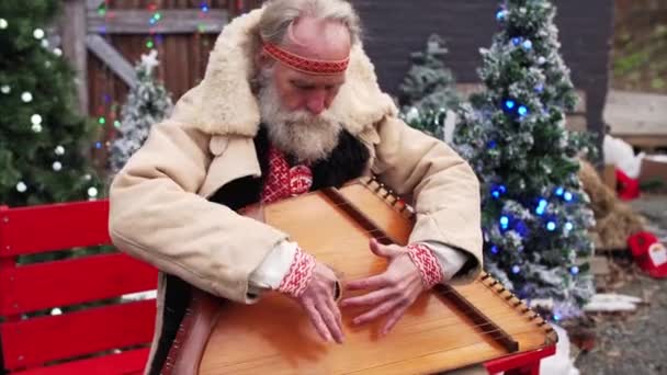 Ritratto di vecchio con barba bianca in costume rustico nazionale russo tra decorazioni natalizie che giocano a dulcimer - Filmati, video