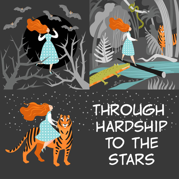 Symbolic vector illustration with a woman overcoming difficulties and dangers on the way to success. Illustration of a Latin quote Through hardship to the stars - Vector, Image