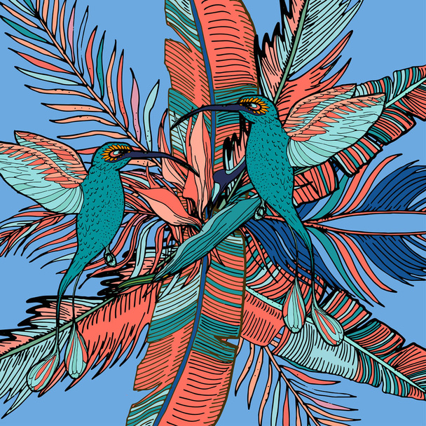 A korall palm trópusi összetétele levelek, egzotikus virágok, madarak és monstera zümmögés. Trópusi háttér textil tapéta, bannerek, kiterjed, kártyák, nyomtatás, betakar, scrapbooking. - Vektor, kép