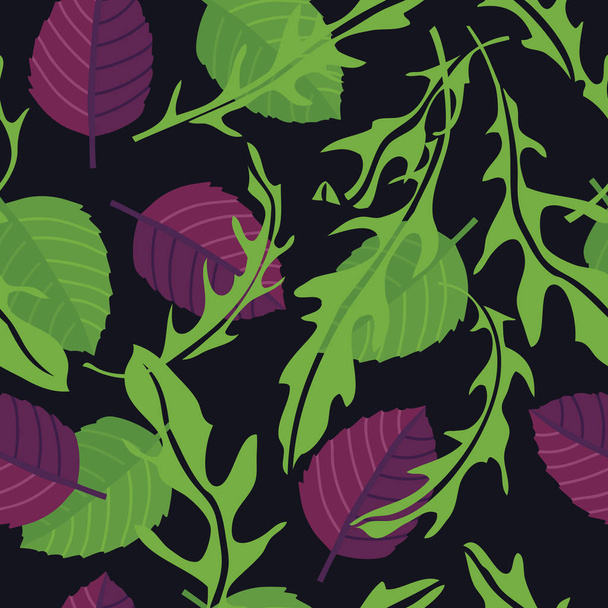Cooking herbs Arugula with green and purple basil Seamless pattern Black background - Vector, Imagen