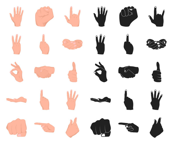 Handgesten-Cartoon, schwarze Icons in Set-Kollektion für Design. Handfläche und Finger Vektor Symbol Stock Web Illustration. - Vektor, Bild
