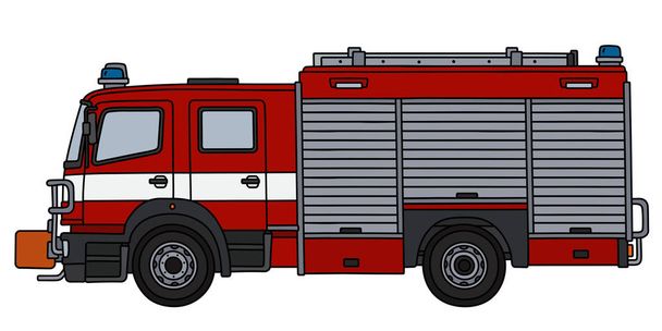 A kéz, a piros tűzoltóautó rajza - Vektor, kép