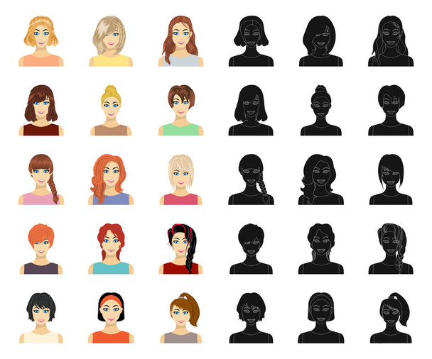 Види жіночих зачісок мультфільм, чорні значки в наборі колекції для дизайну. Зовнішній вигляд жінки Векторний символ стокова веб-ілюстрація
. - Вектор, зображення