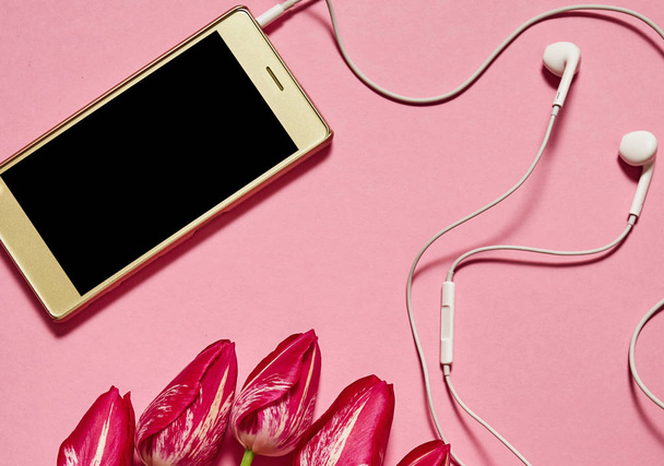 Close up of tulips and mobile cellphone with earphones on pink pastel background, copy space. Spring minimal concept. Womens Day, Mothers Day, Valentine's Day. Flat lay, top view - Foto, immagini