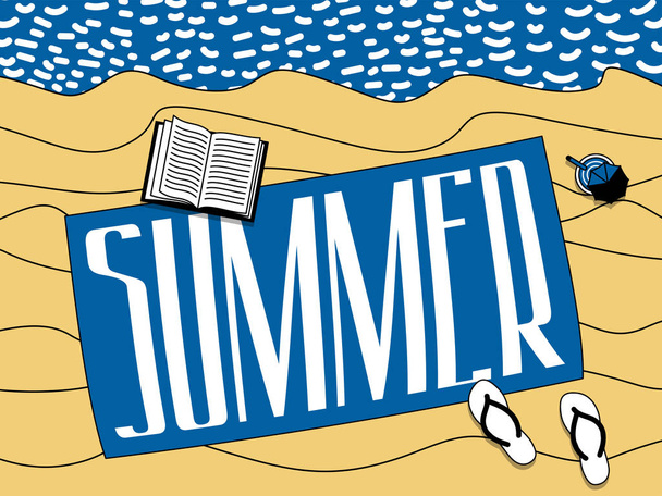 Sommerinschrift am Strand am Meer. Sommerplakat. Sand, Meer, Buch, Schiefer, Cocktail. Vektorillustration - Vektor, Bild