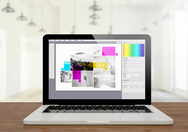 3d rendering of graphic design software screen laptop on desktop - Fotoğraf, Görsel