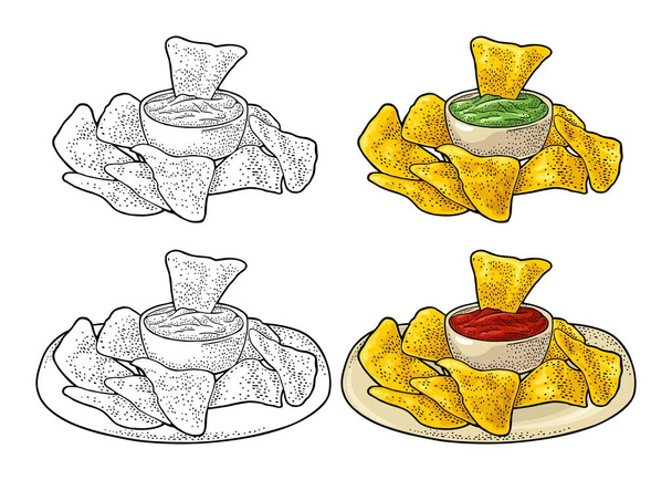 Nachos - nourriture traditionnelle mexicaine. Illustration gravée vintage vectorielle - Vecteur, image