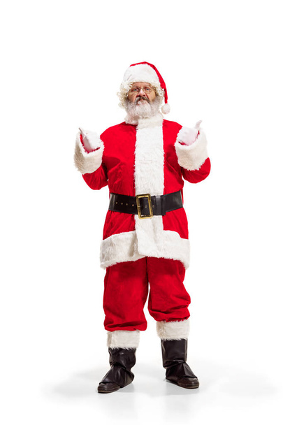 Hey, hello. Holly jolly x mas festive noel. Full length of funny santa in headwear, costume - Photo, Image