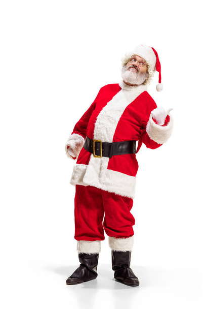 Hey, hello. Holly jolly x mas festive noel. Full length of funny santa in headwear, costume - Фото, изображение