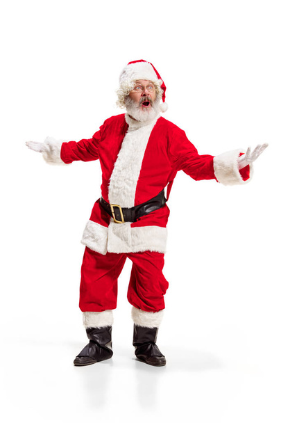 Hey, hello. Holly jolly x mas festive noel. Full length of funny santa in headwear, costume - Zdjęcie, obraz