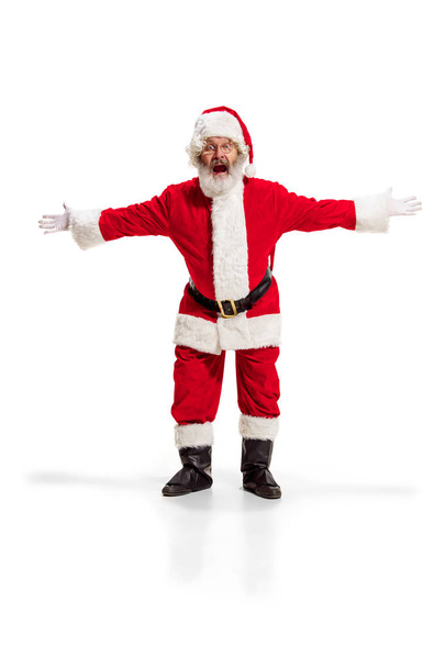 Hey, hello. Holly jolly x mas festive noel. Full length of funny santa in headwear, costume - Фото, зображення