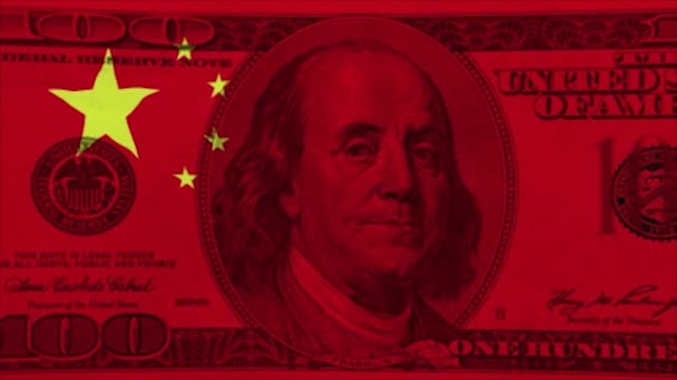 Kínai zászló a száz US dollárost, animáció. Az Egyesült Államok közzétett 1 300 behozott kínai tételeket, amelyek tárgya lesz a 25 százalékos adókivetés, amely az adó több. - Felvétel, videó