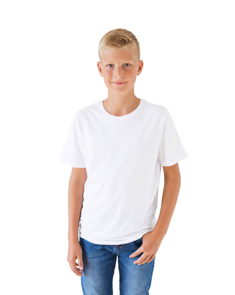 Boy's white t-shirt mockup template - 写真・画像