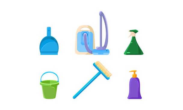 Είδη καθαρισμού οικιακής χρήσης σετ, ηλεκτρική σκούπα, σέσουλα, κουβά, ψεκαστήρας διανυσματικά εικονογράφηση - Διάνυσμα, εικόνα