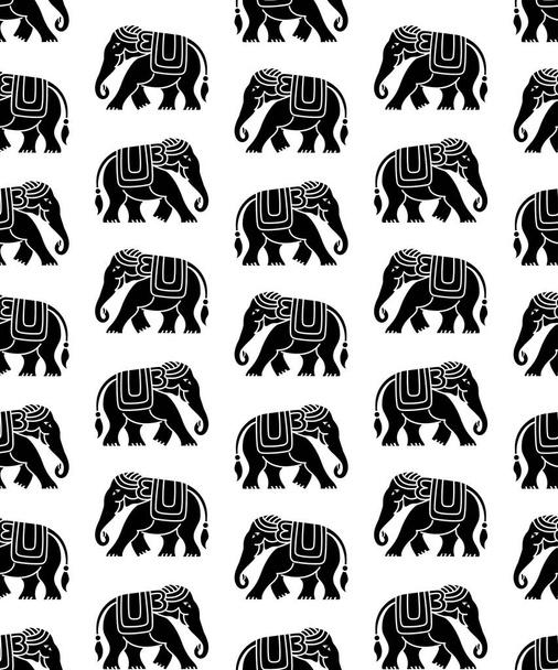 Seamless black pattern with tribal style elephants. Thai, Indian, African symbol. Swatch is included in vector file. - Vector, Image