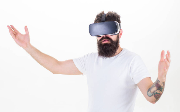 Guy with head mounted display interact virtual reality. Hipster exploring virtual reality. Virtual presentation. Man bearded hipster VR glasses white background. Interactive surface virtual reality - Fotó, kép