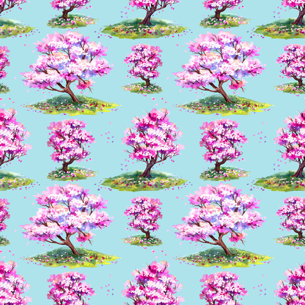 Seamless pattern of sakura trees on a blue background, hand-drawing, watercolor. - Photo, image