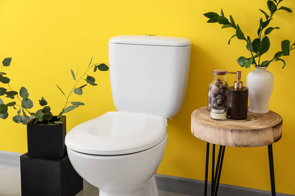 Μοντέρνα κεραμική τουαλέτα μπολ κοντά σε χρώμα τοίχου στο αποχωρητήριο - Φωτογραφία, εικόνα