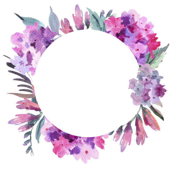Watercolor floral round frame with pink hydrangea. Invitation greeting card. Natural illustration isolated on white background - 写真・画像