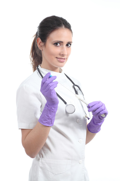 Beautiful nurse with a dna swab and latex globes - 写真・画像