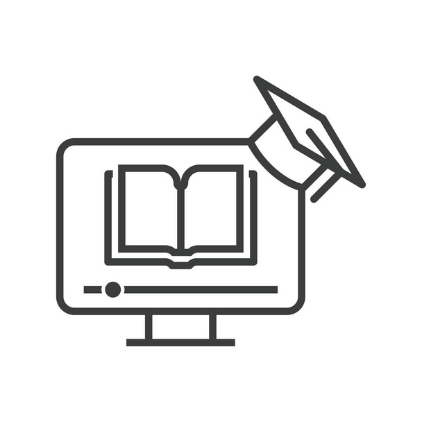 Icono de la educación en línea de la computadora con e-learning de libro electrónico o audio libro. Compartir infromación
 - Vector, imagen
