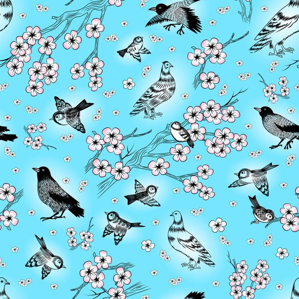Ilustração de padrão sem costura com magpies desenhados à mão, pardais, pombos e ramos de flor de cereja
 - Vetor, Imagem