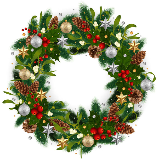 Illustration of Christmas wreath with fir tree branches, mistletoe, holly berries, fir and pine cones, balls and stars isolated - Vector, Image