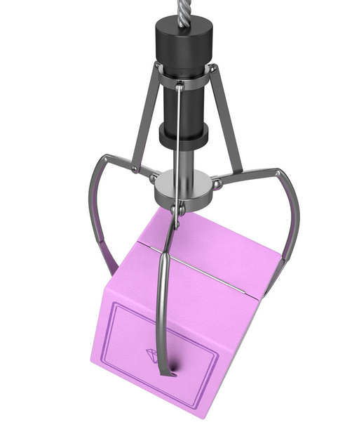 孤立した白地閉じたピンク リング ボックスを握るアーケード型ゲームからロボット爪背景 3 d レンダリング - 写真・画像