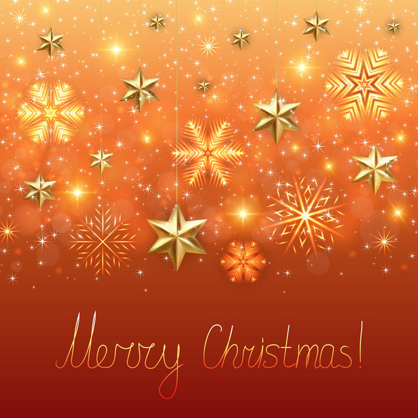 Εικονογράφηση του προτύπου Χριστουγεννιάτικη κάρτα με νέον νιφάδες χιονιού, χρυσά αστέρια και καλές γιορτές - Διάνυσμα, εικόνα