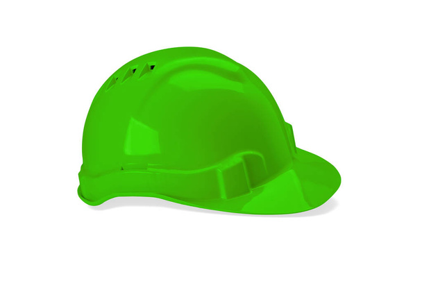 Plastic green safety helmet isolated on white background. Safety equipment concept. Worker and Industrial theme - Photo, Image