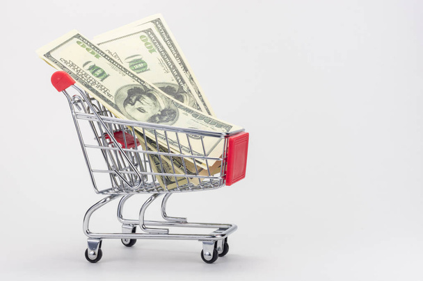 Several hundred US dollar bills are in the grocery cart - 写真・画像