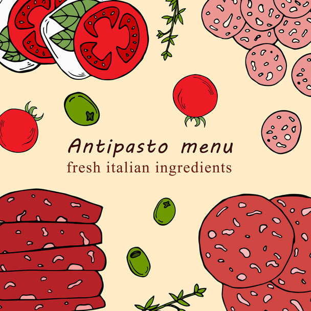 Handgezeichnete Illustration des Antipasto-Menüs im Cartoon-Stil. perfekt für Menü, Karte, Textildesign - Vektor, Bild
