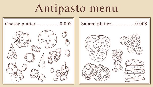 Antipasto menu Projekt. Ilustracja kreskówka wektor. Idealny do projektowania menu. - Wektor, obraz