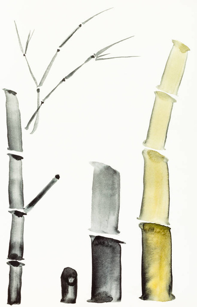 Ausbildungszeichnung im Sumi-e (suibokuga) -Stil mit Aquarellfarben - Bambusstämme werden von Hand auf cremiges Papier gezeichnet - Foto, Bild