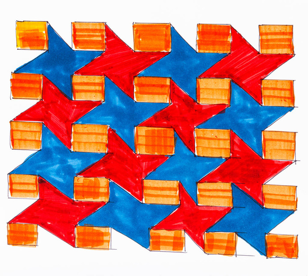 abstracte hand getekend patroon op wit papier door viltstift kleur figuur uit houndstooth gekarteld sieraad - Foto, afbeelding