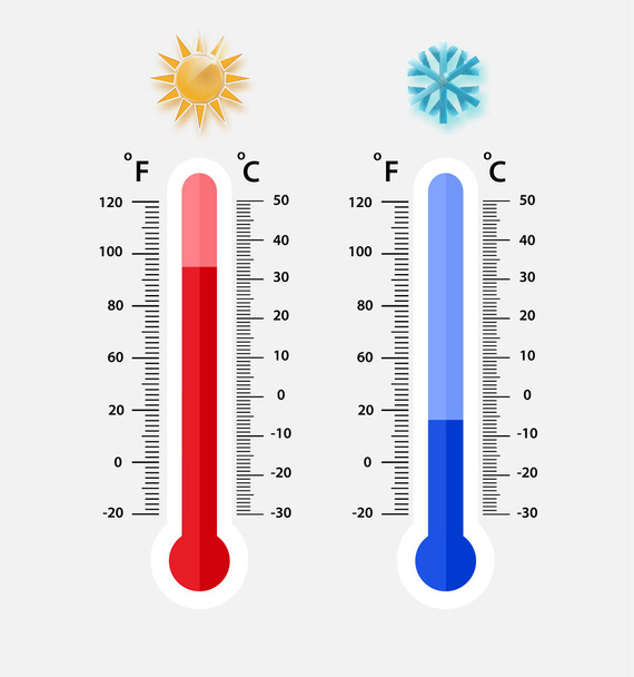Измерение метеорологических термометров Цельсия и Фаренгейта. жара и холод, векторная иллюстрация. Термометр, показывающий жаркую или холодную погоду
 - Вектор,изображение