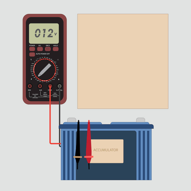 Un multimètre mesure la tension d'une batterie de voiture. Accumulateur, voltmètre et cadre pour l'information textuelle
. - Vecteur, image