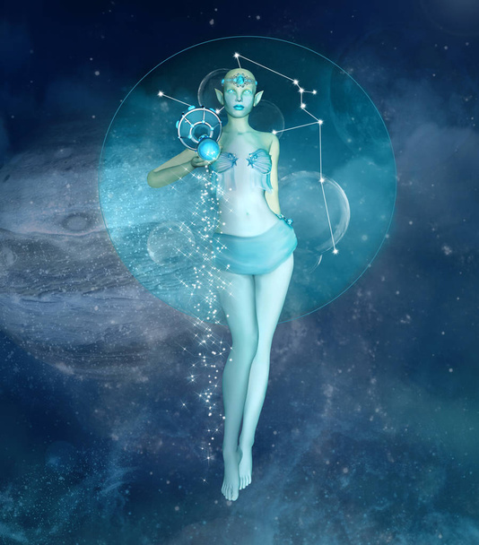 Serie Zodiac - Acuario como una criatura de fantasía en un paisaje espacial - Ilustración 3D
 - Foto, imagen