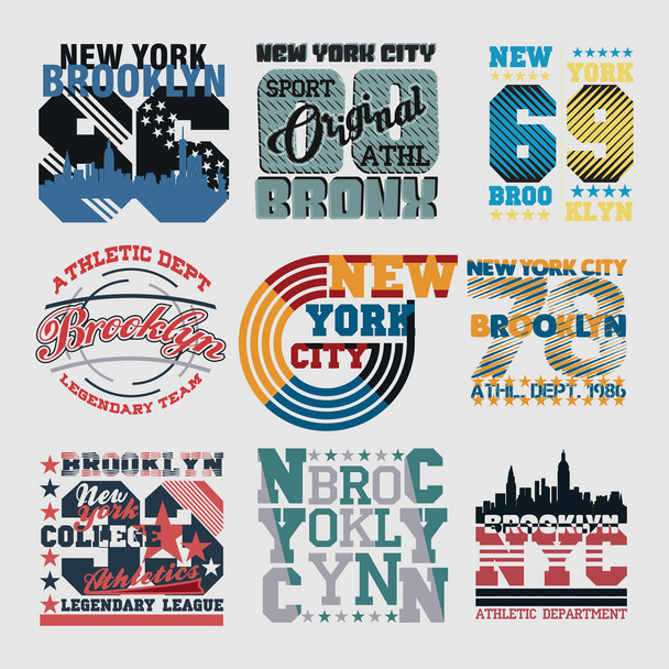 Set New Yorská typografie, tričko NYC, návrhová grafika, tiskařský člověk NYC, originální návrhová výstroj - Vektor, obrázek