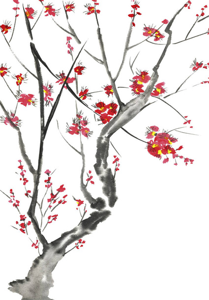 A branch of a blossoming sakura. Pink and red stylized flowers of plum mei, wild apricots and cherry . Watercolor and ink illustration of tree in style sumi-e, u-sin. Oriental traditional painting.  - Foto, Imagem
