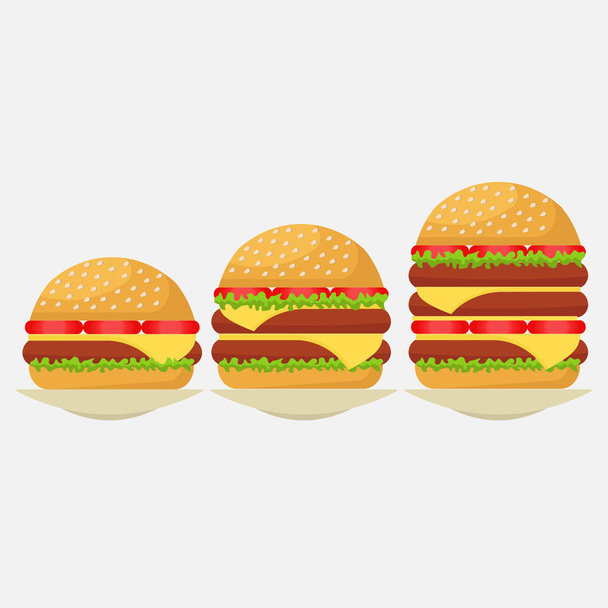 conjunto de hambúrgueres, um simples hambúrguer duplo e triplo, uma sala de jantar, um snack-bar, um lugar para comer, um estilo plano, uma imagem vetorial editável
 - Vetor, Imagem