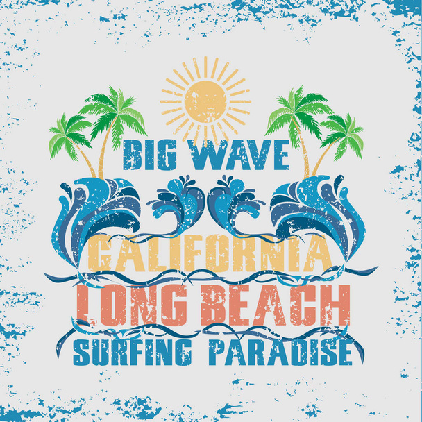 Surf Califórnia, T-shirt surf praia longa, desportos aquáticos, tipografia inscrição T-shirt, design gráfico, emblema
 - Vetor, Imagem