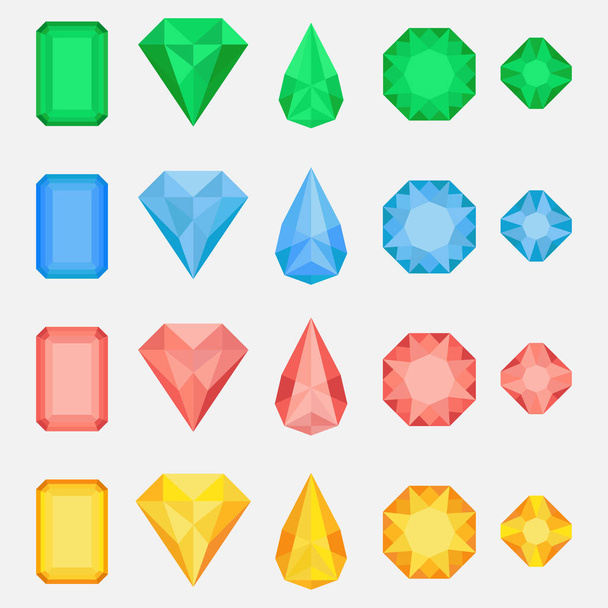 set of gems, diamonds of different colors for decorating games, awards and achievements for victory, victory in the game, flat style, vector image - Wektor, obraz