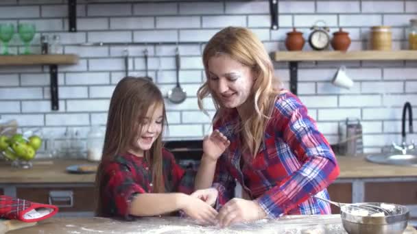Carefree cute young mother and daughter fooling in the kitchen. Mom and child have fun together. - Metraje, vídeo