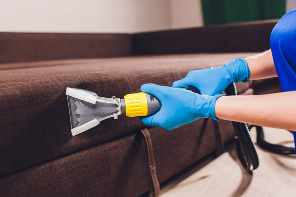 Sofa chemical cleaning with professionally extraction method. Upholstered furniture. Early spring cleaning or regular clean up. Dry cleaners in light blue protective glove employee removing dirt from - Foto, imagen